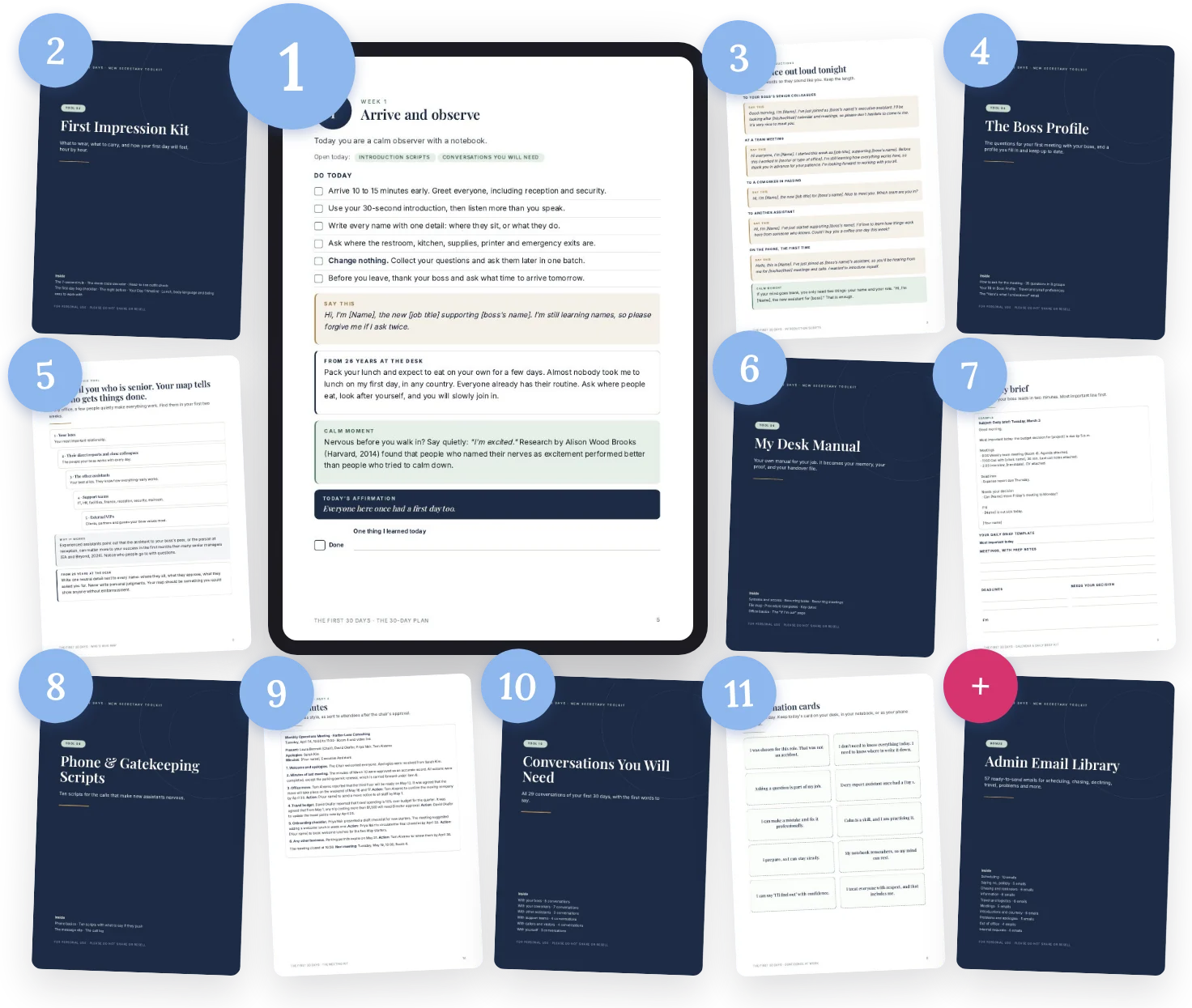 Pages from Confident From Day 1: the 30-Day Plan, scripts, checklists and the bonus Email Library