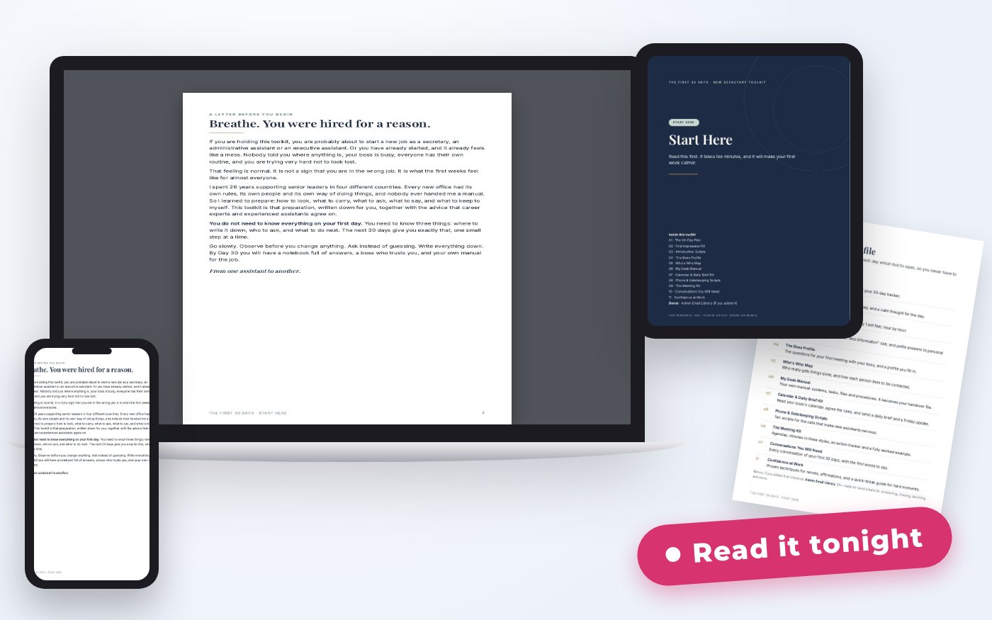 Start Here on a laptop, tablet, phone and printed