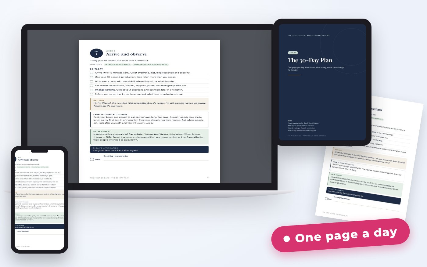 The 30-Day Plan on a laptop, tablet, phone and printed