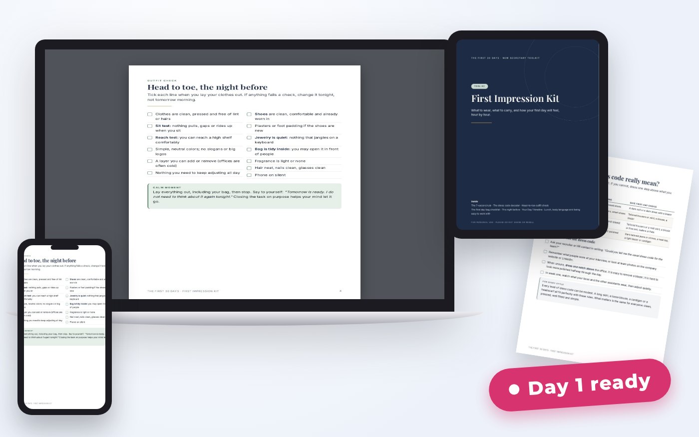 First Impression Kit on a laptop, tablet, phone and printed